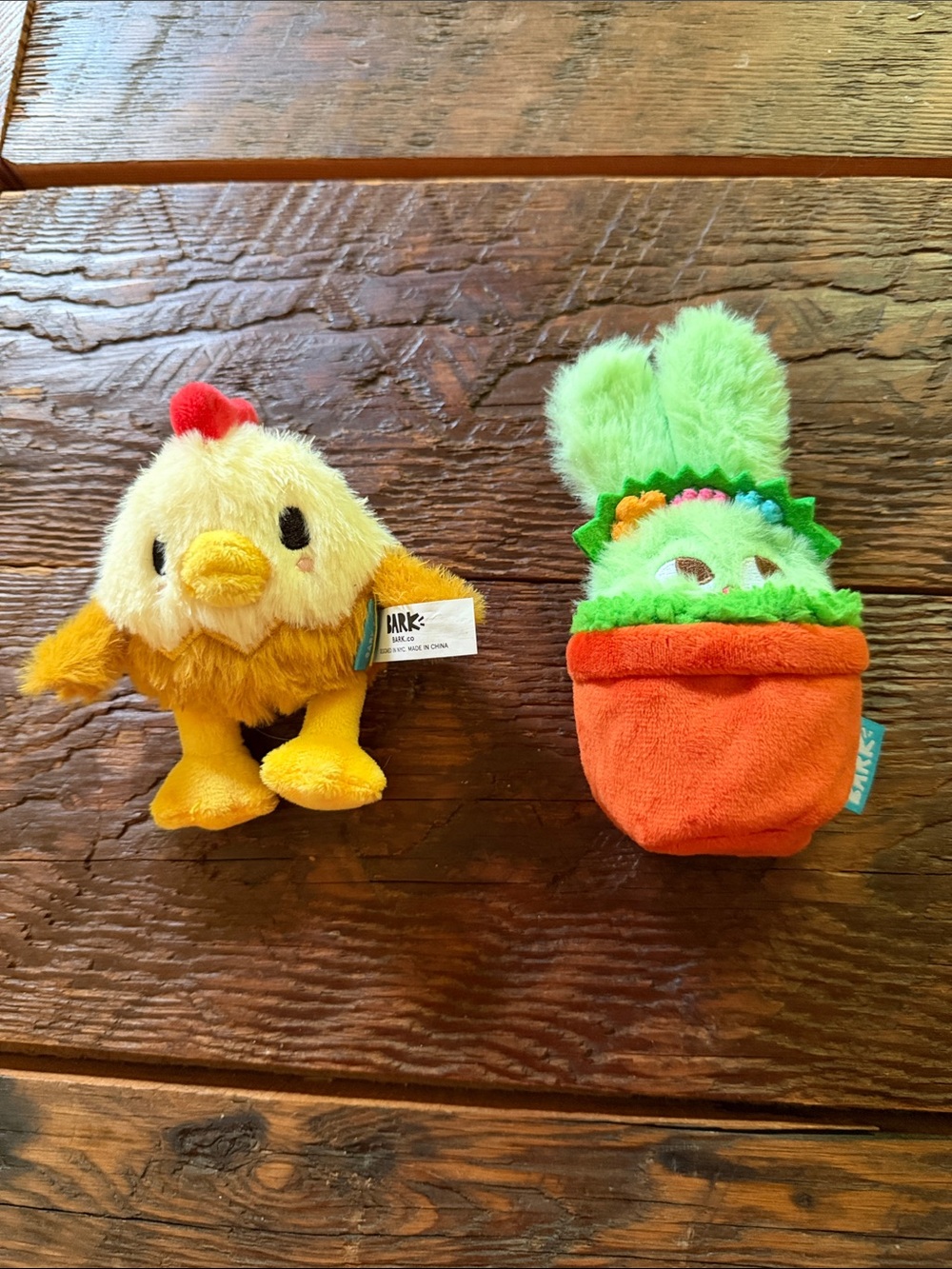 Bark Plush Chick & Green Bunny-in-Pot Dog Toys - Yellow, Green & Orange